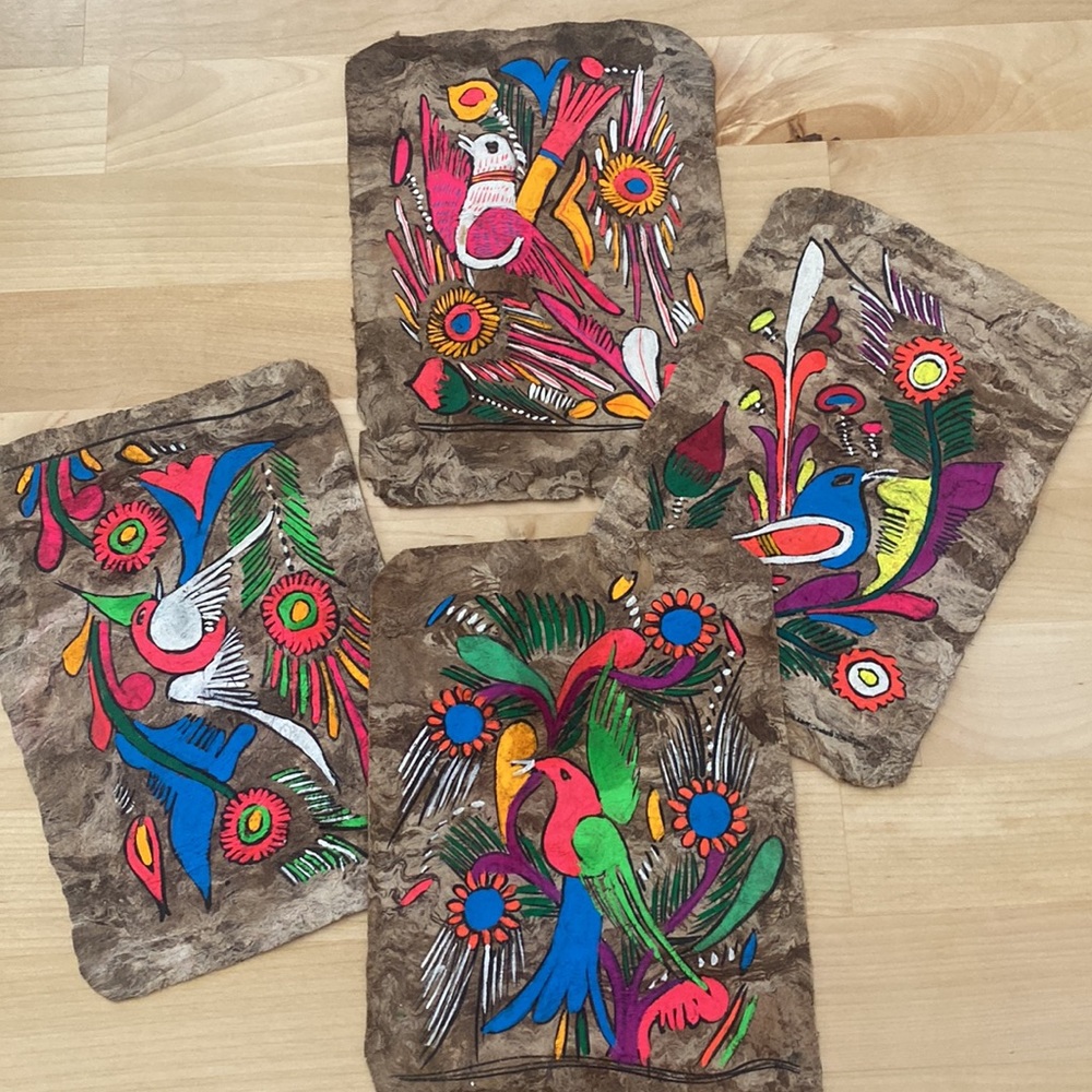Hand painted original bird art from Mexico (four pieces) frames not included